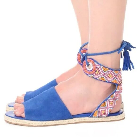 Sam Edelman Shae Sandals Suede Tasseled Ankle Wrap Beaded Flat Shoes Blue Size 8 - Picture 2 of 10